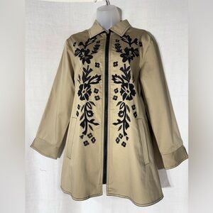 Linea by Louis Dell'Olio Tan Trench Jacket with Black Floral Design Sz Small